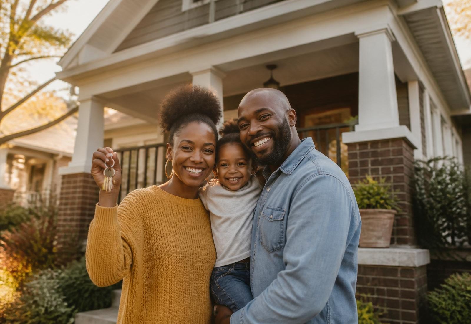 A family holding the keys to their new Atlanta home on the front porch