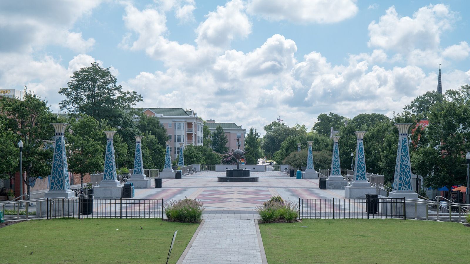 Shops and green plaza on Decatur Square in Decatur, Georgia