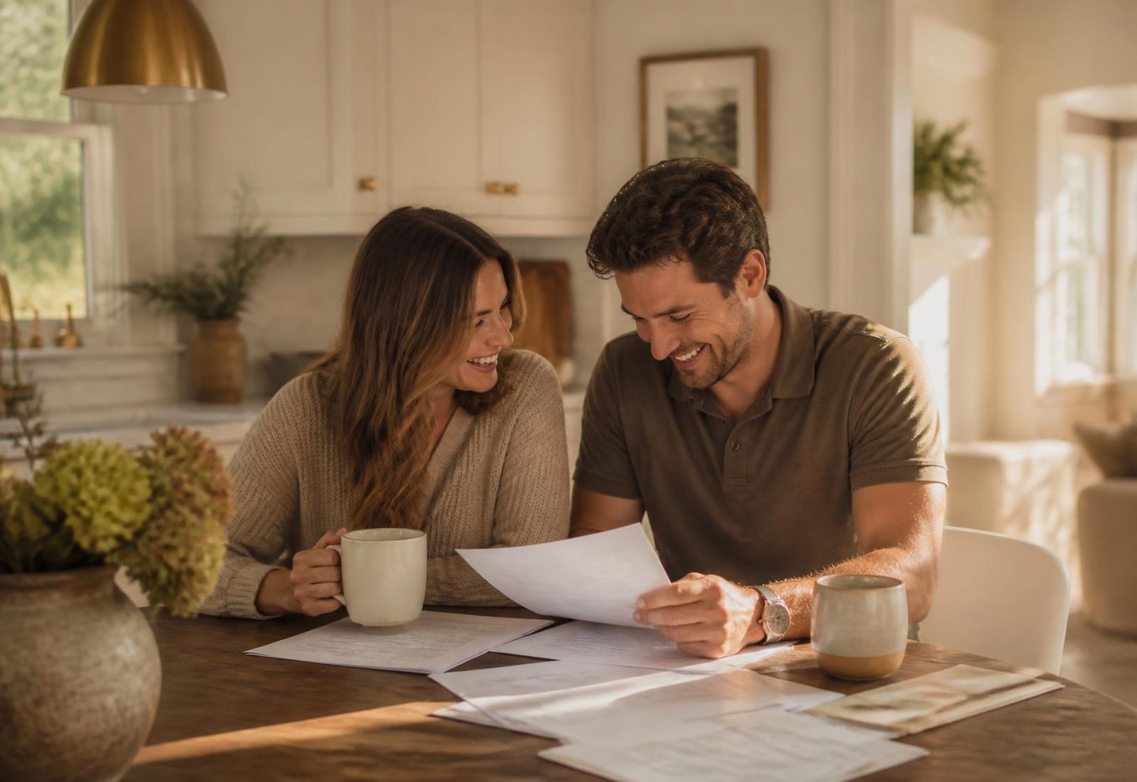Property owners reviewing their rental plan at a sunlit kitchen table