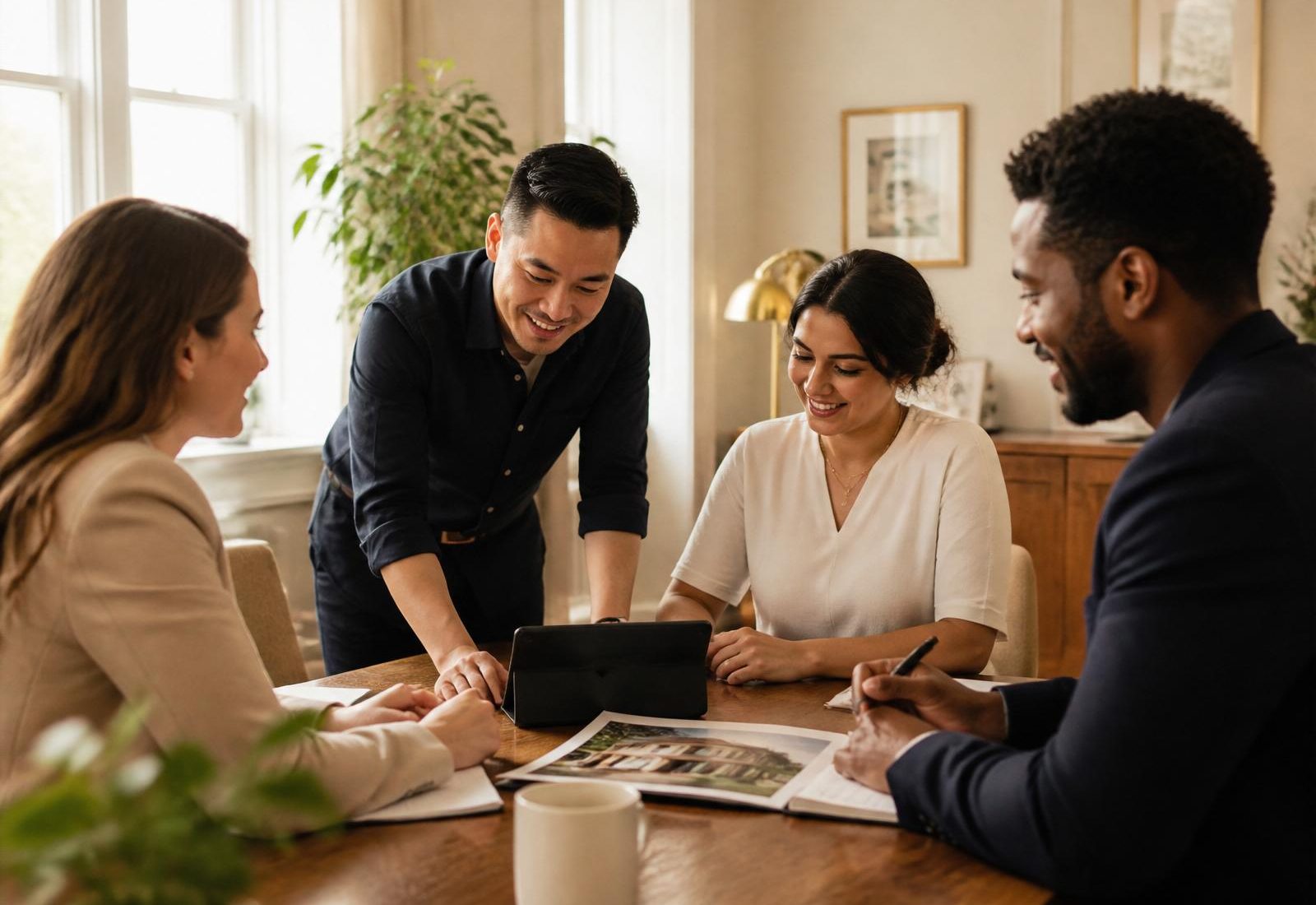 E&S Real Estate Group team members collaborating in a warm office setting